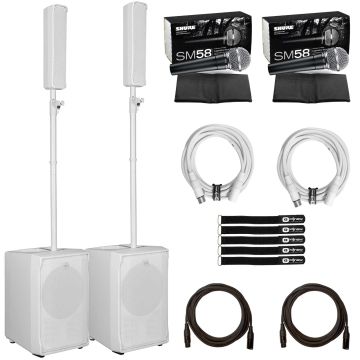 (2) RCF Evox Jmix8 Active Two Way White Array Music Systems with Shure Vocal Microphones Package