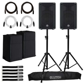 (2) Yamaha DBR10 10" 2-way Powered Loudspeakers with Clutch Heavy Duty Tripod Stands & Covers Package