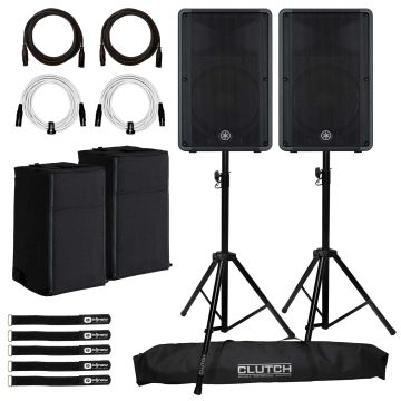 (2) Yamaha DBR15 15" 2-way Powered Loudspeakers with Clutch Heavy Duty Tripod Stands & Covers Package