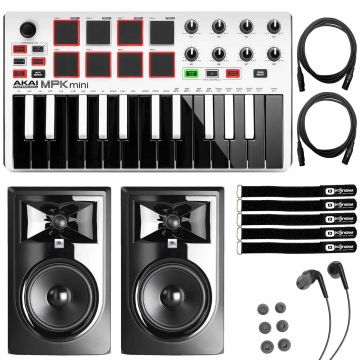 (2) JBL Professional 306P MkII Powered 6" Monitors with Akai MPK Mini MKII White Compact Keyboard Controller Package