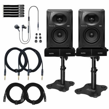 (2) Pioneer DJ VM-50 5" Black Monitors with Desktop Stands & Earphones