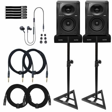 (2) Pioneer DJ VM-50 5" Black Monitors with Monitor Stands & Earphones