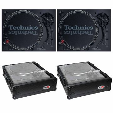 (2) Technics SL-1200MK7 Direct Drive Professional DJ Turntables with Universal Black on Black Turntable Cases Package