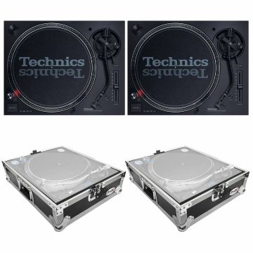 (2) Technics SL-1200MK7 Direct Drive Professional DJ Turntables with Universal Turntable Road Cases Package