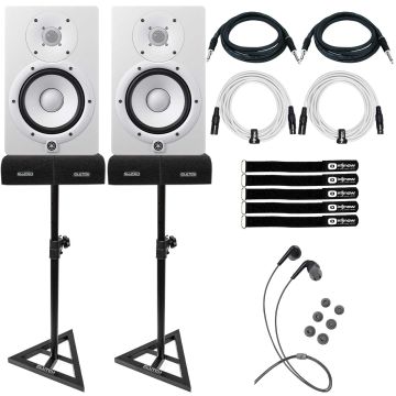 (2) Yamaha HS5W 5" Two-Way White Studio Monitors with Mee Audio Comfort-Fit In-Ear Headphones Package