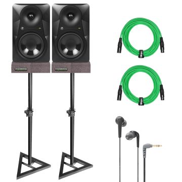 (2) Mackie MR624 6.5" Powered Studio Monitors with In-Ear Headphones & Stands Package