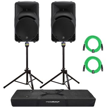 (2) Mackie SRM450V3 Portable Powered Loudspeakers with Aluminum Stands & Green Cables Package