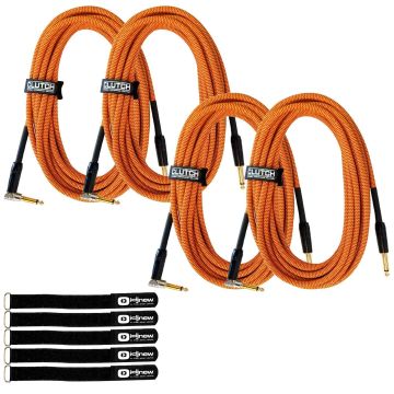 (4) Clutch 20FT Right Angle 1/4" TS Instrument Cables with Cable Ties