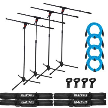 (4) Clutch CL-MB100PK Microphone Boom Stands with Blue Cables Package