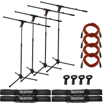 (4) Clutch CL-MB100PK Microphone Boom Stands with Red Cables Package