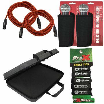 (2) Universal 20FT Red Braided Sure-Fit XLR to XLR Connecting Cables with Microphone Holsters & Case Package
