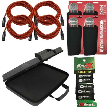 (4) Universal 20FT Red Braided Sure-Fit XLR to XLR Connecting Cables with Microphone Holsters & Case Package