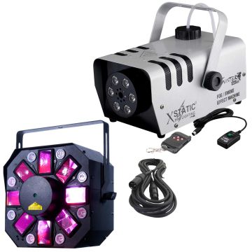 ADJ Stinger II 3-FX-IN-1 Moonflower, Laser, & UV Effect Light with Xstatic X-T1220 LED Twister Fog Machine Package