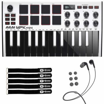 Akai MPK Mini MK3 White Keyboard Controller with Mee Black Headphones