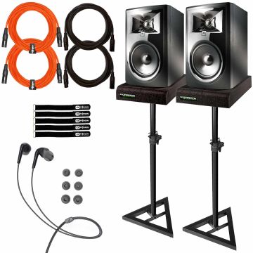 JBL Professional 306P MkII 6" Monitors (2-pack) with Ultimate Support Stands & Mee Audio In-Ear Headphones Package