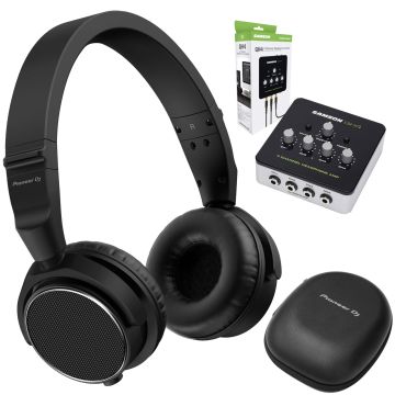 Pioneer DJ HDJ-S7 Professional On-Ear Black DJ Headphones with Samson QH4 4-Channel Headphone Amplifier Package