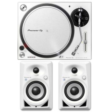 Pioneer PLX-500 High-Torque Direct Drive White Turntable with 4-inch Bluetooth Monitor Speakers Package