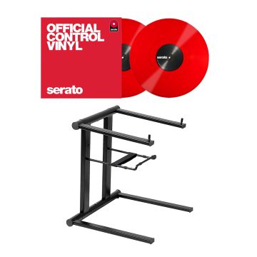 ProX T-LPS600B Foldable Portable Laptop Stand with Serato SCV-PS-RED-OJ2 Performance Series Red 12” Control Vinyls Package