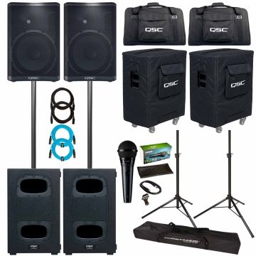 QSC CP12-NA CP Series Compact 12" Powered Loudspeakers with 12" Powered Subwoofers & Mounting Poles Package