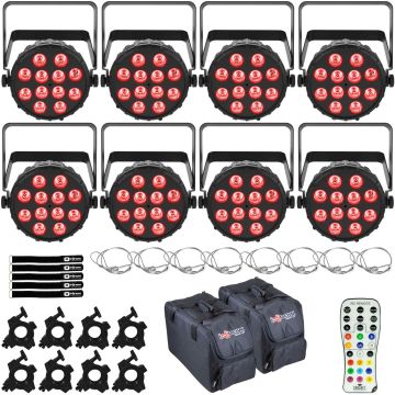 (8) Chauvet DJ SlimPAR T12 BT Bluetooth Wash Lights with Remote & Bags