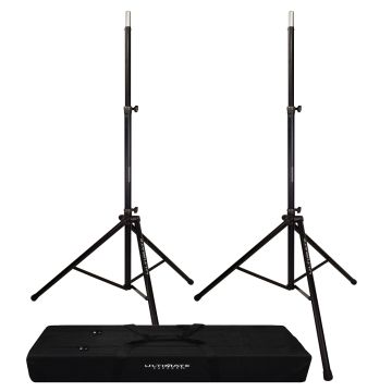 (2) Ultimate Support TS-88B Black Aluminum Tripod Speaker Stands & BAG-90D Tote Bag Package