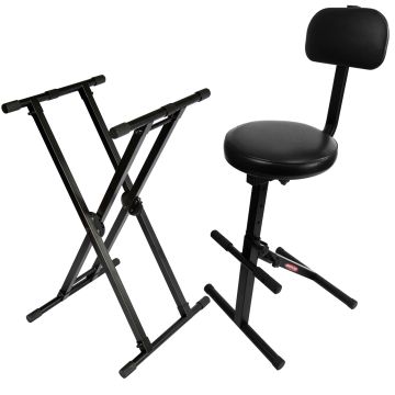 Ultimate Support JS-MPF100 Music Performance Chair with Double X-Style DJ Coffin Keyboard Stand Package