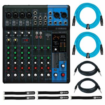 Yamaha MG10XU 10-Input Stereo Effects Mixer with Venom Solutions 20FT Blue Connecting Cables Package