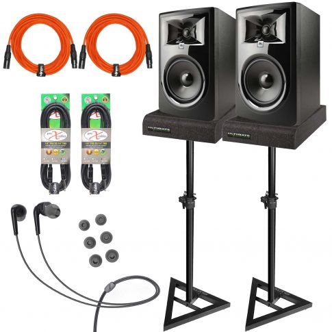 (2) JBL Professional 306P MkII Powered 6" Monitors with Clutch Stands & Mee Audio In-Ear Headphones Package