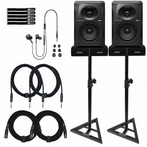 (2) Pioneer DJ VM-50 5" Black Monitors with Monitor Stands & Earphones