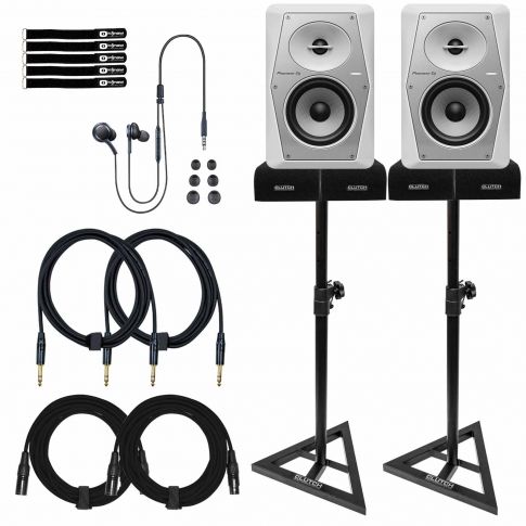 (2) Pioneer DJ VM-50-W 5" White Monitors with Stands & Earphones