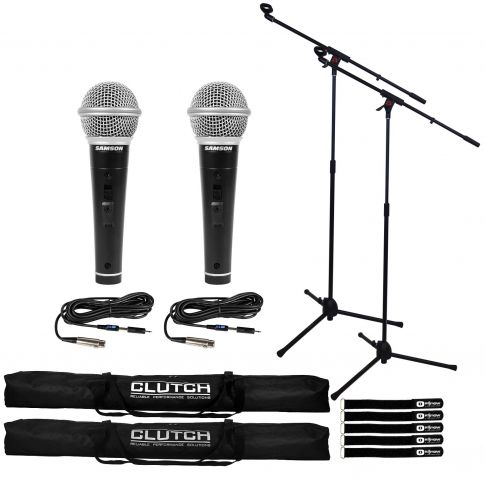 (2) Samson M10 Handheld Dynamic Vocal Microphones with Microphone Boom Stands Package