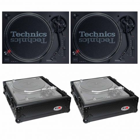 (2) Technics SL-1200MK7 Direct Drive Professional DJ Turntables with Universal Black on Black Turntable Cases Package
