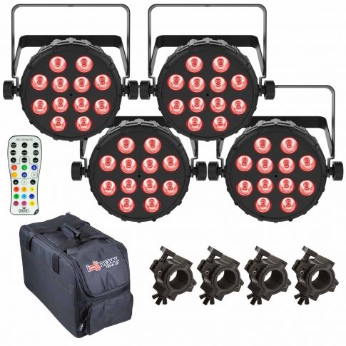 (4) Chauvet DJ SlimPAR Q12 BT Bluetooth Wash Lights with Remote & Bag