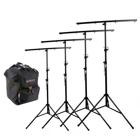 (4) ProX Portable DJ Lighting Stands with Square T-Bars & Carry Case