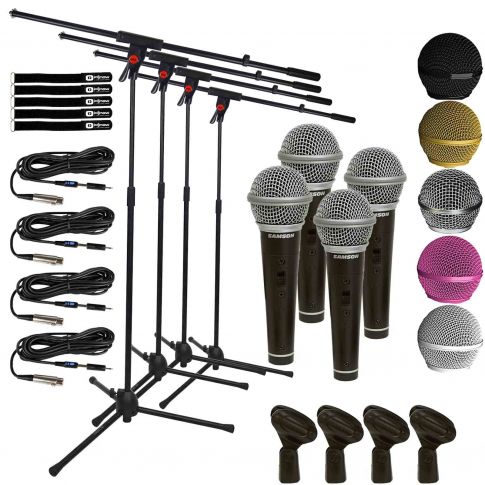 (4) Samson R21S Dynamic Vocal Microphones with Microphone Boom Stands
