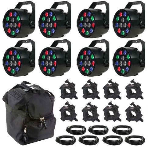 (8) Eliminator Lighting Mini Par RGBW LED Par Lights with Protective Utility Case Package