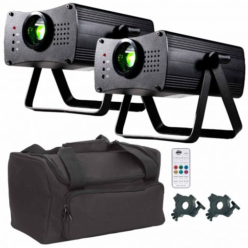 (2) American DJ Ani-Motion Red & Green Lasers with Clamps & Case Package