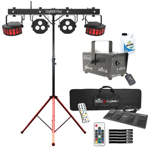 Chauvet DJ GigBar Flex Effect Lighting System with Hurricane 700 Fog Machine & American DJ LTS Color Lighted T-Bar Stand Package