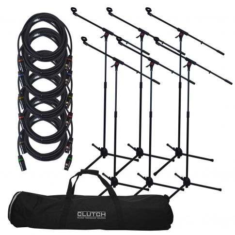 Clutch Microphone Stand Package with Six Boom Stands, Cables and Carry bag