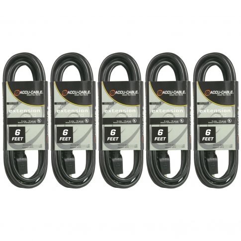 (5) American Audio EC-163-6 Black 6FT 16 Gauge AC Extension Cords