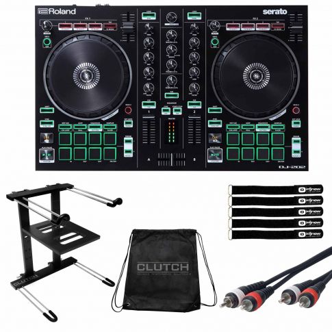 Roland DJ-202 Serato DJ Lite Controller with Professional Black Laptop Stand Package