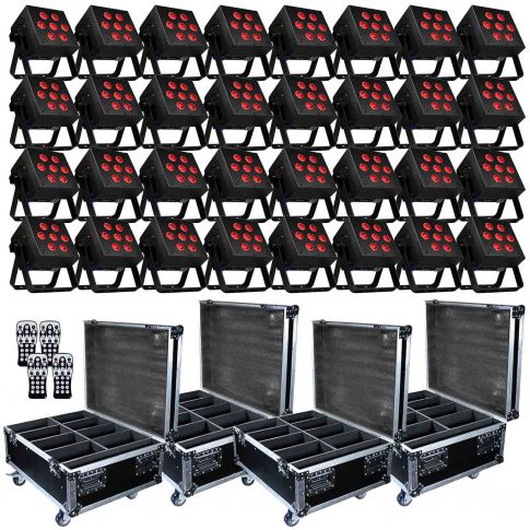 (32) Blizzard Lighting SkyBox EXA RGBAW+UV Rechargeable Wireless LED Par Lights & Road Cases Package