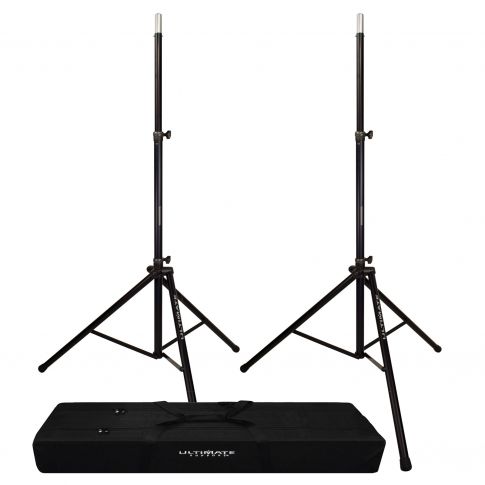 (2) Ultimate Support TS-88B Black Aluminum Tripod Speaker Stands & BAG-90D Tote Bag Package