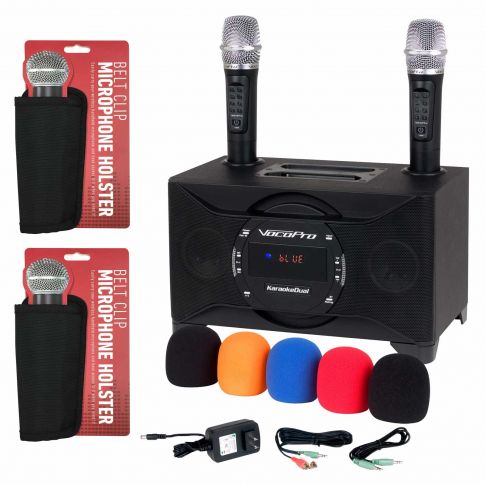 VocoPro KaraokeDual 100W Tablet/Smart TV Karaoke System with Microphone Holsters and Windscreen Package